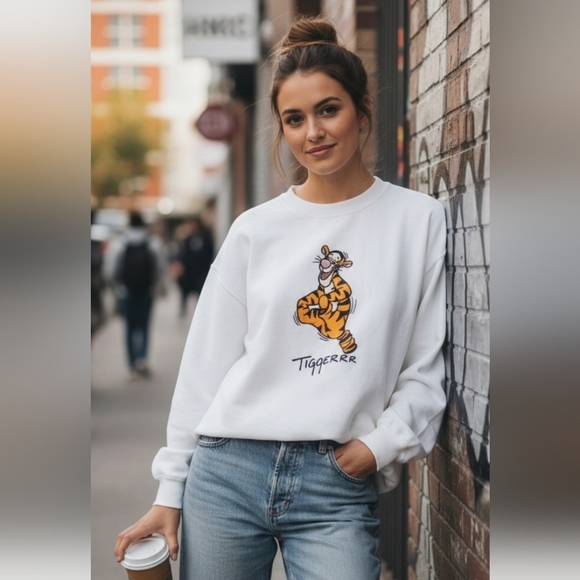 Disney Sweaters - VTG RARE 90's Disney Mickey White Sweater Embroidered Jumping Tiger XXL Unisex